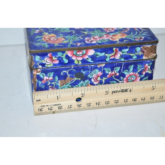 Vtg Chinese Enamel Brass Trinket Box Damaged Blue floral flaws - Picture 5 of 15